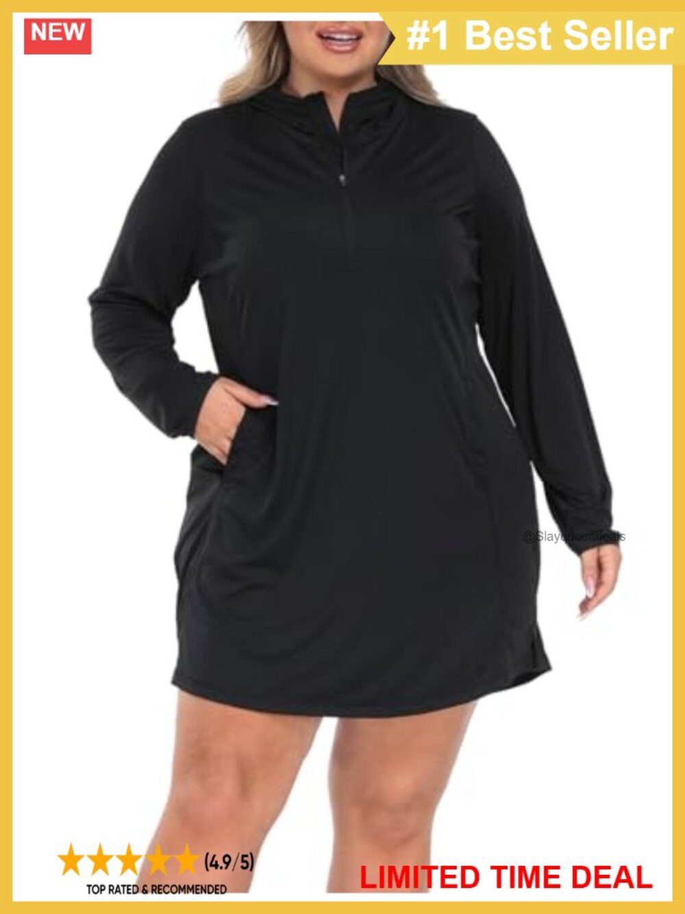 Plus Size UPF 50 Hooded Long Sleeve Beach Cover Up Dress
